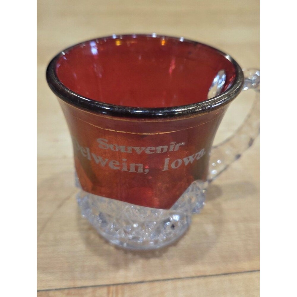 Antique EAPG Indiana Glass Okay Ruby Stained Souvenir Mug Oelwein Iowa